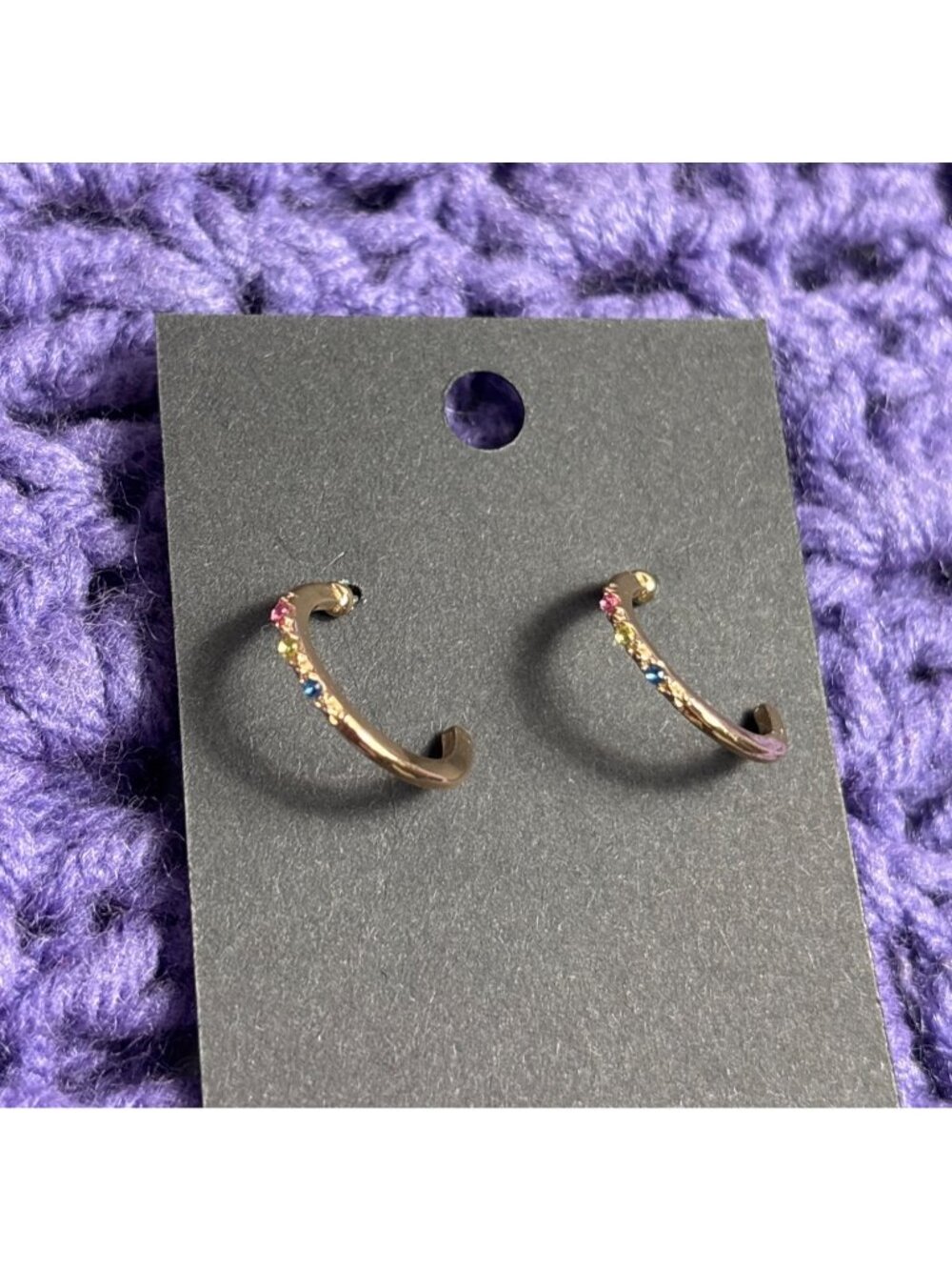 Goldtone Half Hoop Earrings Pastel Rhinestones Pink Green Blue 0.75 inch